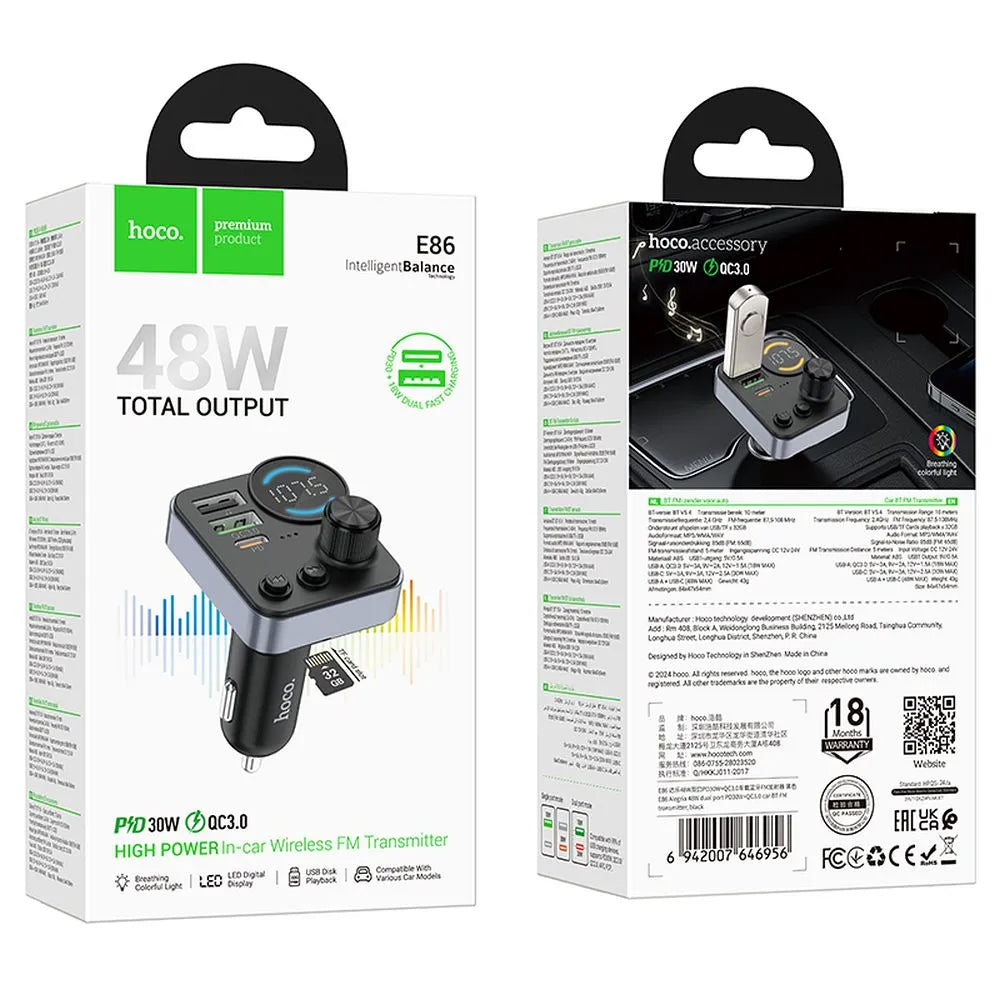 FM Bluetooth -modulaattori HOCO E86, 2 x USB-A - 1 x USB-C - 1 x microSD