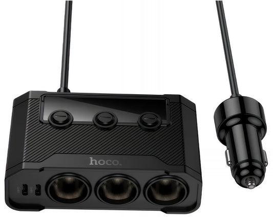 Autojen laturi HOCO Z64, 15.5W, 3.1A, 2 x USB-A - 2 x USB-C - 3 x Tupakansytyttimen jatkopala, Musta