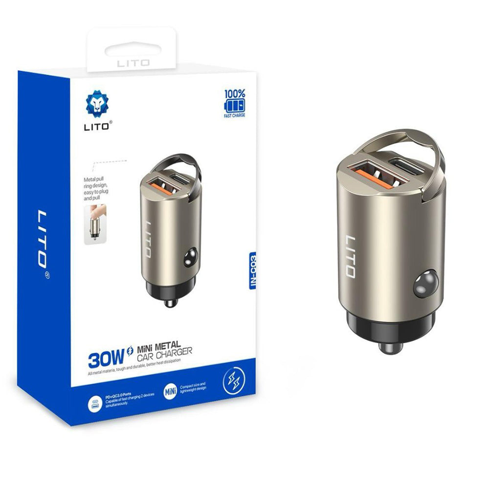 Lito IN-C03 Autolaturi, 30W, 3A, 1 x USB-A - 1 x USB-C, Harmaa