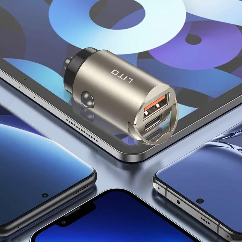Lito IN-C03 Autolaturi, 30W, 3A, 1 x USB-A - 1 x USB-C, Harmaa