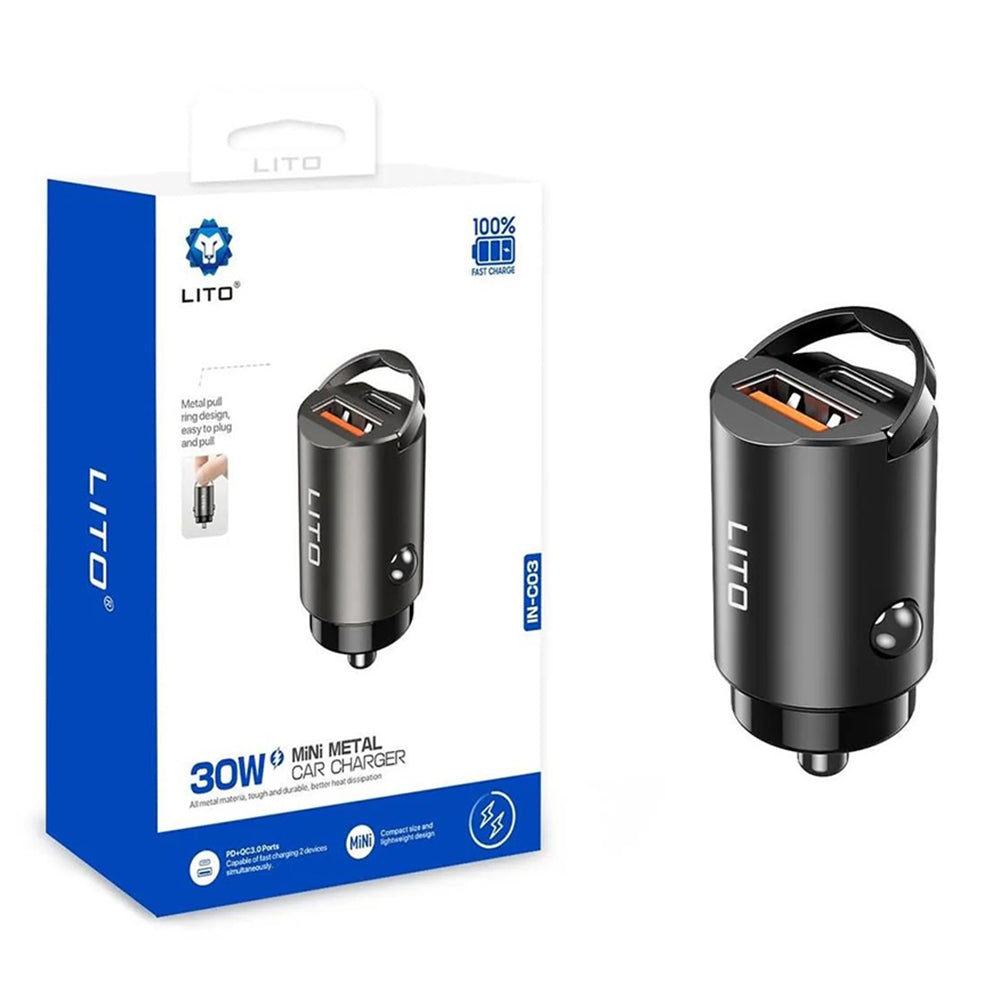 Lito IN-C03 Autolaturi, 30W, 3A, 1 x USB-A - 1 x USB-C, Musta