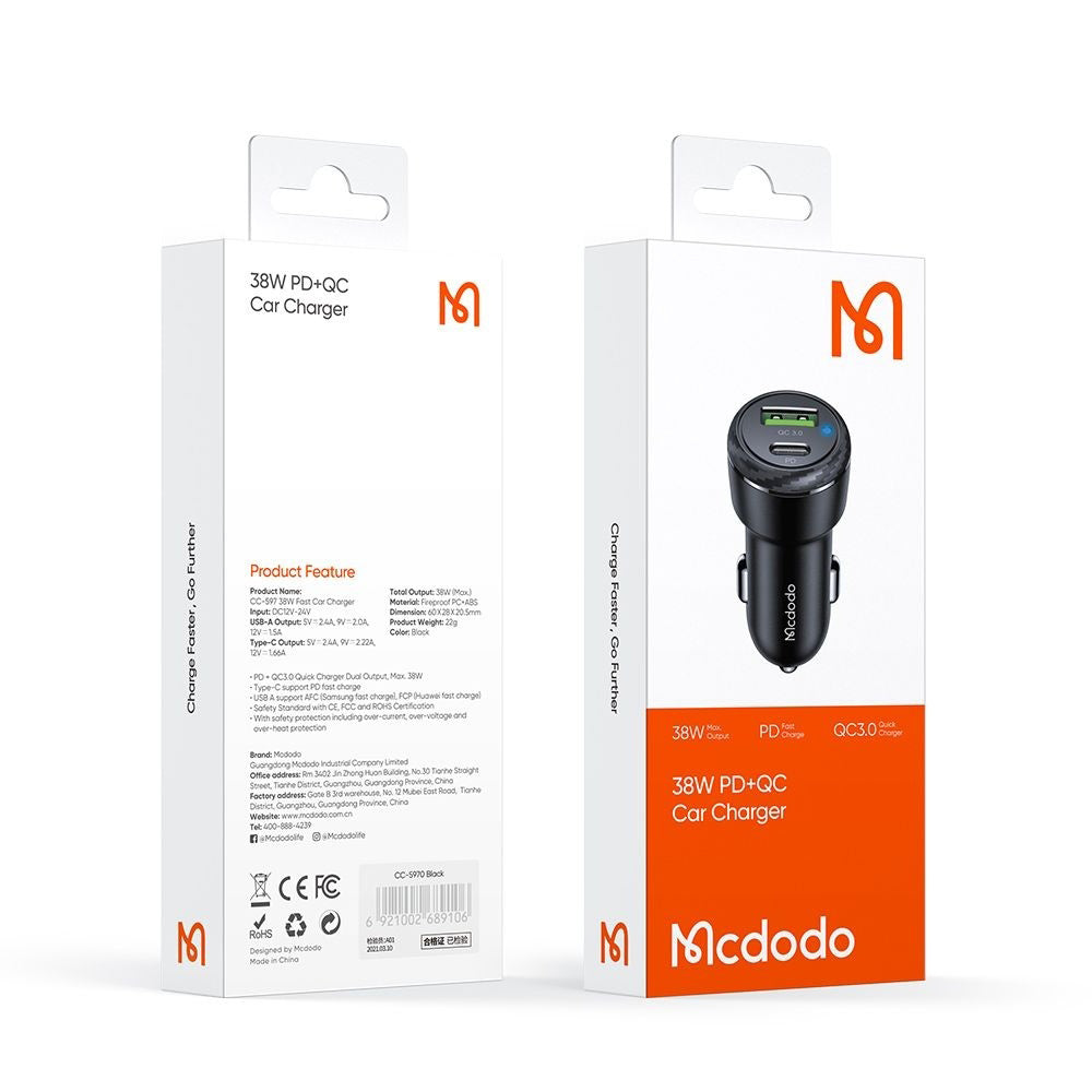 Autojen laturi McDodo CC-5970, 38W, 3A, 1 x USB-A - 1 x USB-C, Musta
