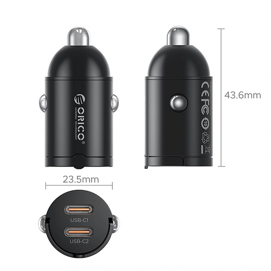 Orico MiniRing autolaturi, 30W, 3A, 2 x USB-C, musta
