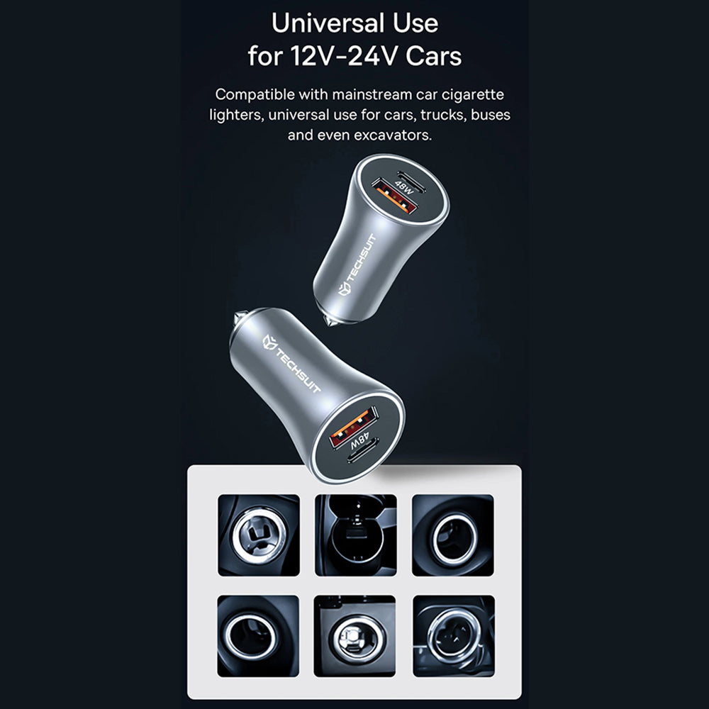 Auto Techsuit C3 RescueVolt -laturi, 48W, 3A, 1 x USB-A - 1 x USB-C, Harmaa