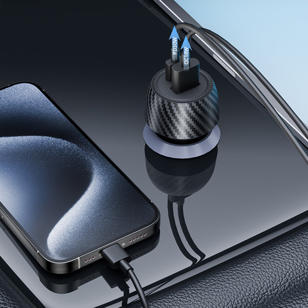 Auto Techsuit C7 CarbonVolt -laturi, 48W, 3A, 1 x USB-A - 1 x USB-C, Musta
