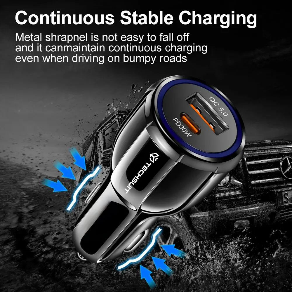 Auto Techsuit TE-022 Premium -autolaturi, 60W, 3A, 1 x USB-A - 1 x USB-C, Musta