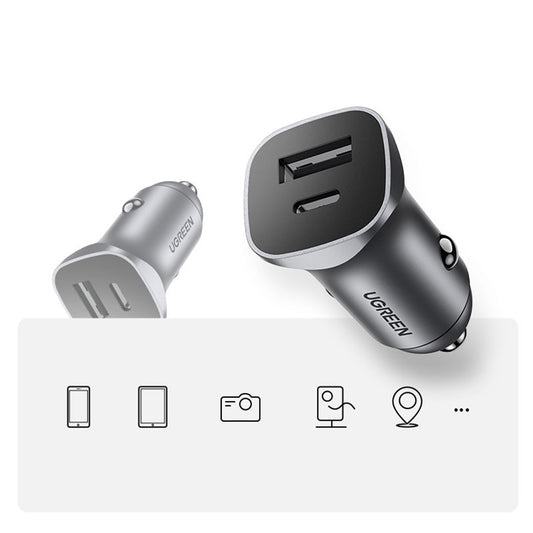 UGREEN CD130 Autolaturi, 24W, 3A, 1 x USB-A - 1 x USB-C, Harmaa