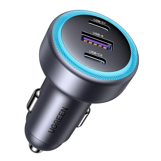 UGREEN EC307 Autolaturi, 30W, 3A, 1 x USB-A - 2 x USB-C, Harmaa
