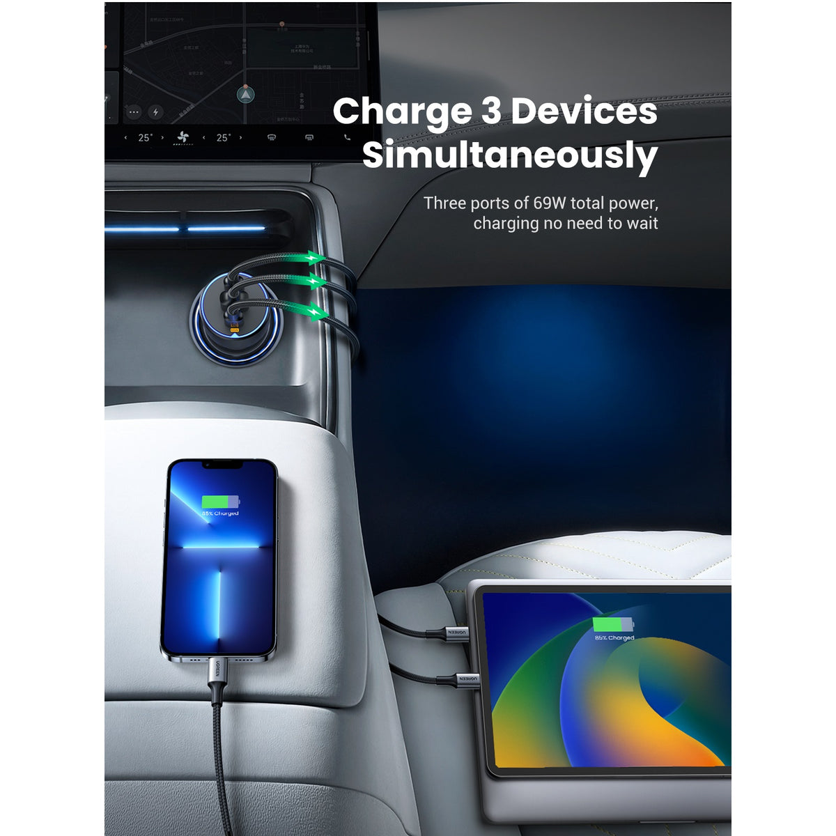 UGREEN EC703 Autolaturi, 75W, 3.25A, 1 x USB-A - 2 x USB-C, Musta