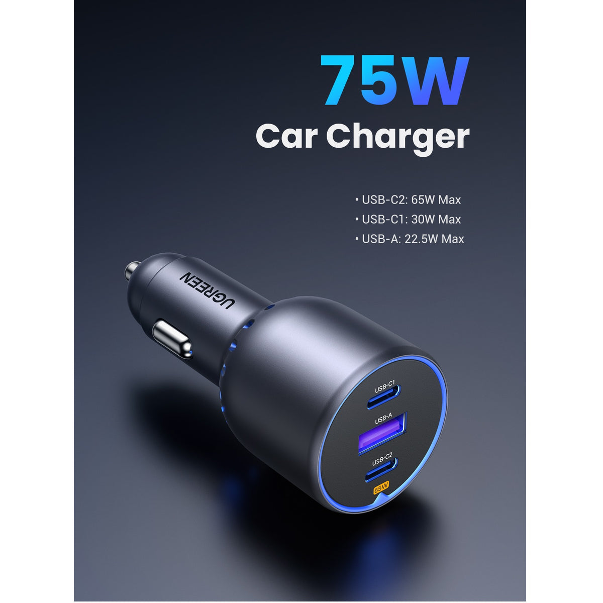 UGREEN EC703 Autolaturi, 75W, 3.25A, 1 x USB-A - 2 x USB-C, Musta