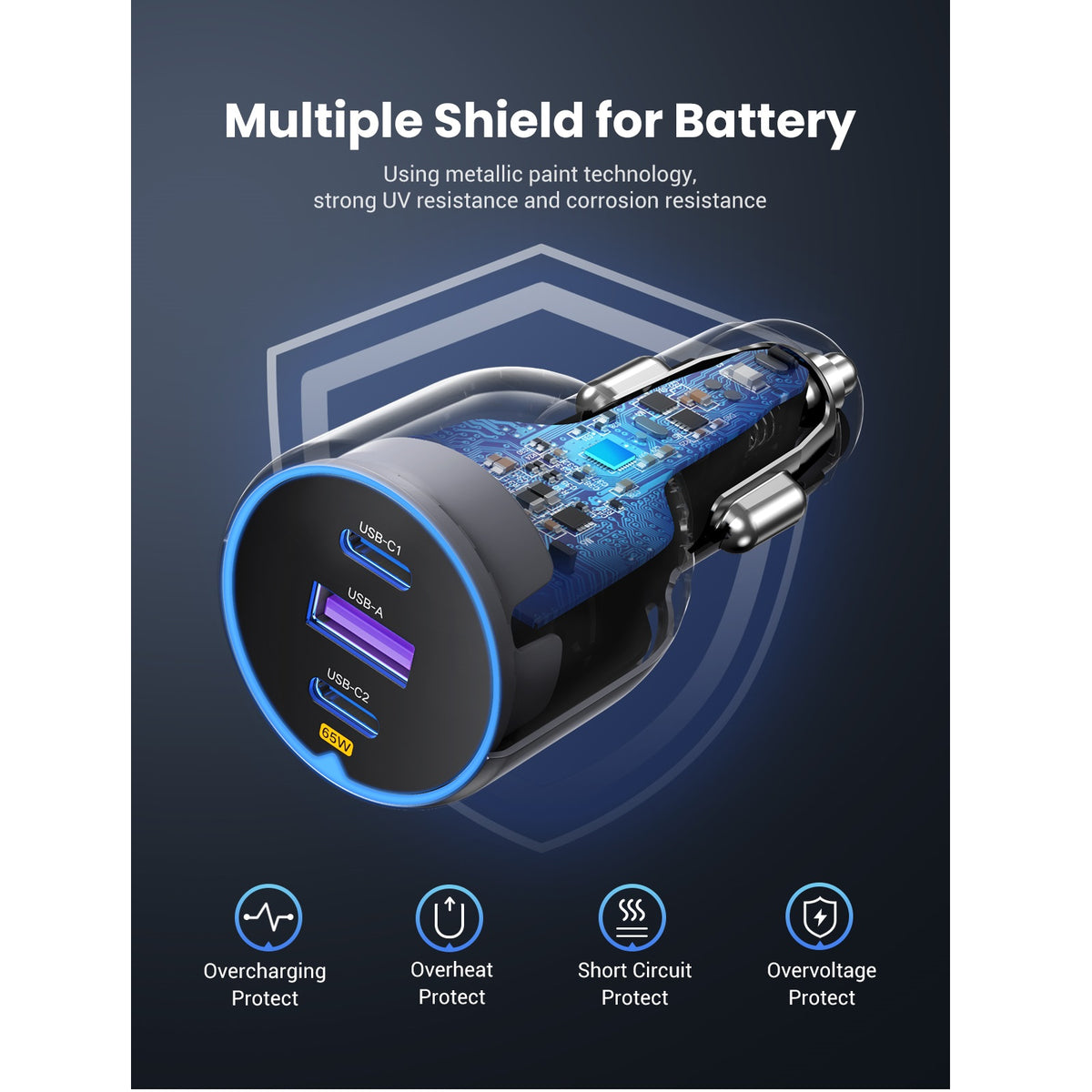 UGREEN EC703 Autolaturi, 75W, 3.25A, 1 x USB-A - 2 x USB-C, Musta