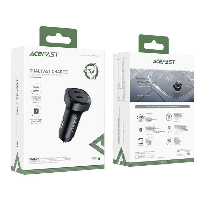 Autojen laturi Acefast B2, 72W, 3A, 2 x USB-C, Musta