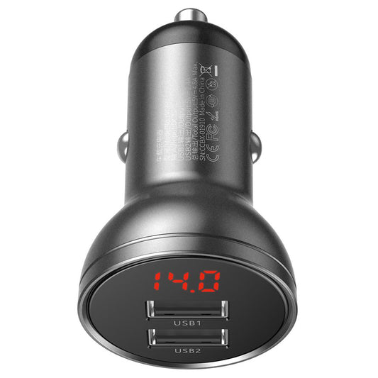 Baseus Digital Display -autolaturi, 24W, 2.4A, 2 x USB-A, harmaa CCBX-0G