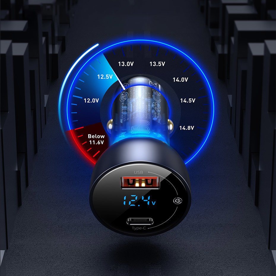 Baseus-autolaturi, 65W, 5A, 1 x USB-A - 1 x USB-C, Harmaa CCKX-C0A