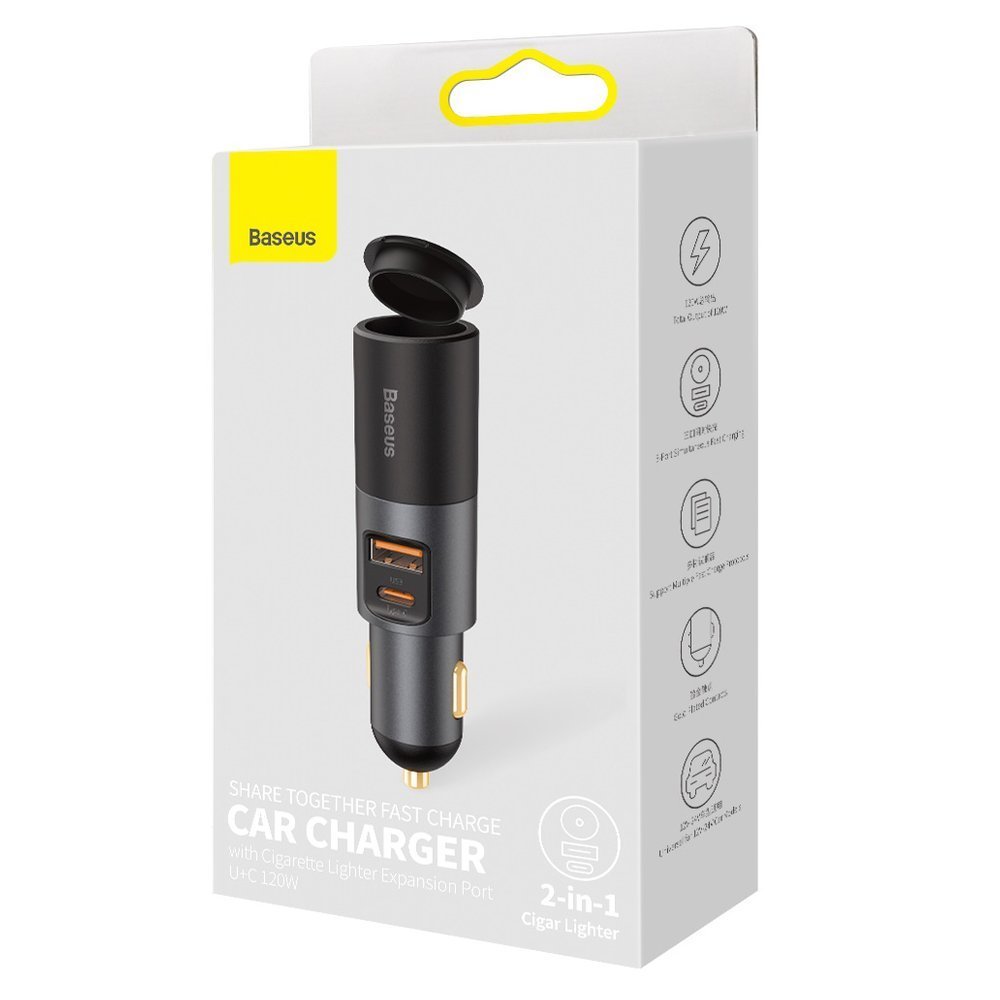 Baseus Share Together Car Charger, 120W, 3A, 1 x USB-A - 1 x USB-C - 1 x Cigarette Lighter Extension, Gray CCBT-C0G