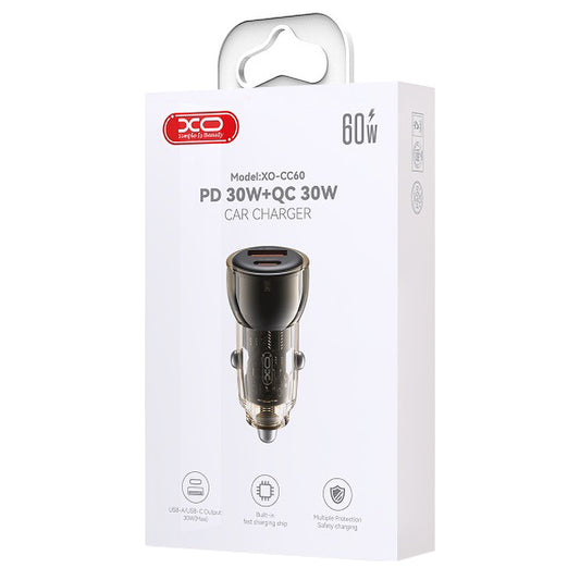 Autolaturi XO Design CC60, 60W, 3A, 1 x USB-A - 1 x USB-C, musta