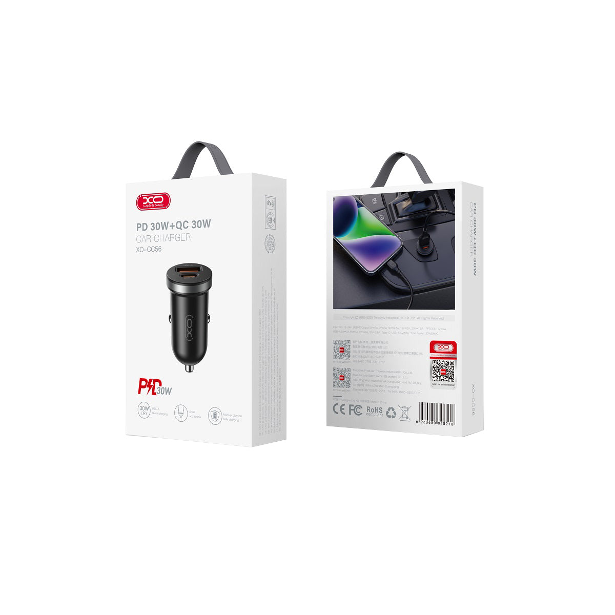 XO Design CC56 Autolaturi, 30W, 3A, 1 x USB-A - 1 x USB-C, Musta