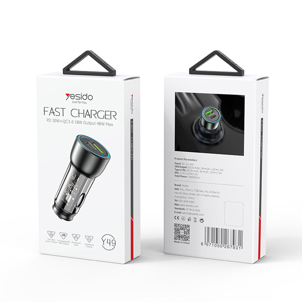 Autolaturi Yesido Y49, 30W, 3A, 1 x USB-A - 1 x USB-C, Harmaa