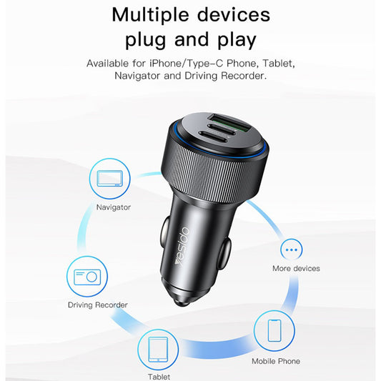 Autolaturi Yesido Y50, 60W, 3A, 1 x USB-A - 2 x USB-C, Musta