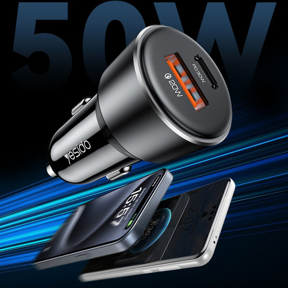 Yesido Y64 Autolaturi, 50W, 3A, 1 x USB-A - 1 x USB-C, Musta