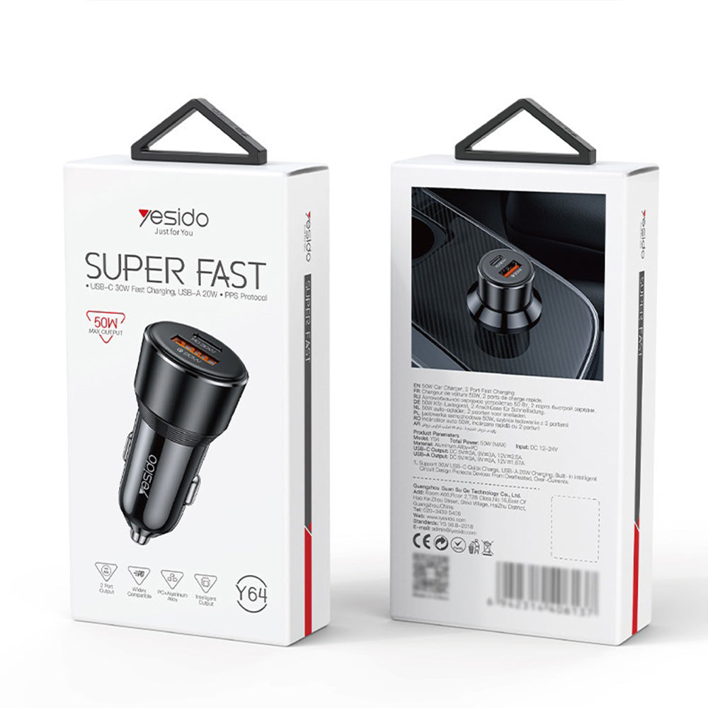 Yesido Y64 Autolaturi, 50W, 3A, 1 x USB-A - 1 x USB-C, Musta