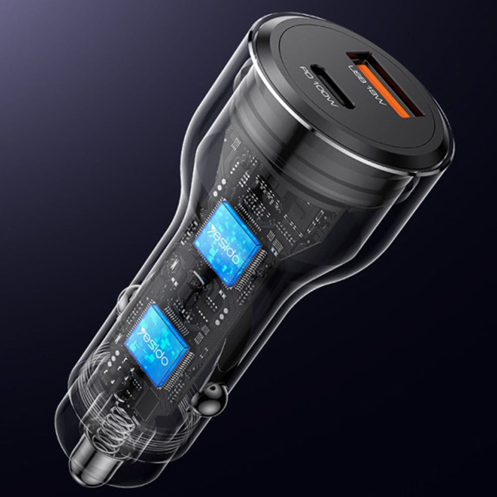 Autolaturi Yesido Y65, 100W, 5A, 1 x USB-A - 1 x USB-C, Musta