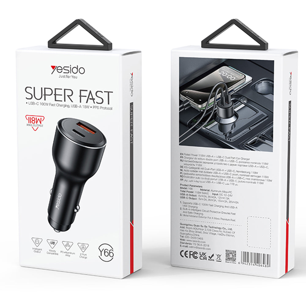 Autolaturi Yesido Y65, 100W, 5A, 1 x USB-A - 1 x USB-C, Musta