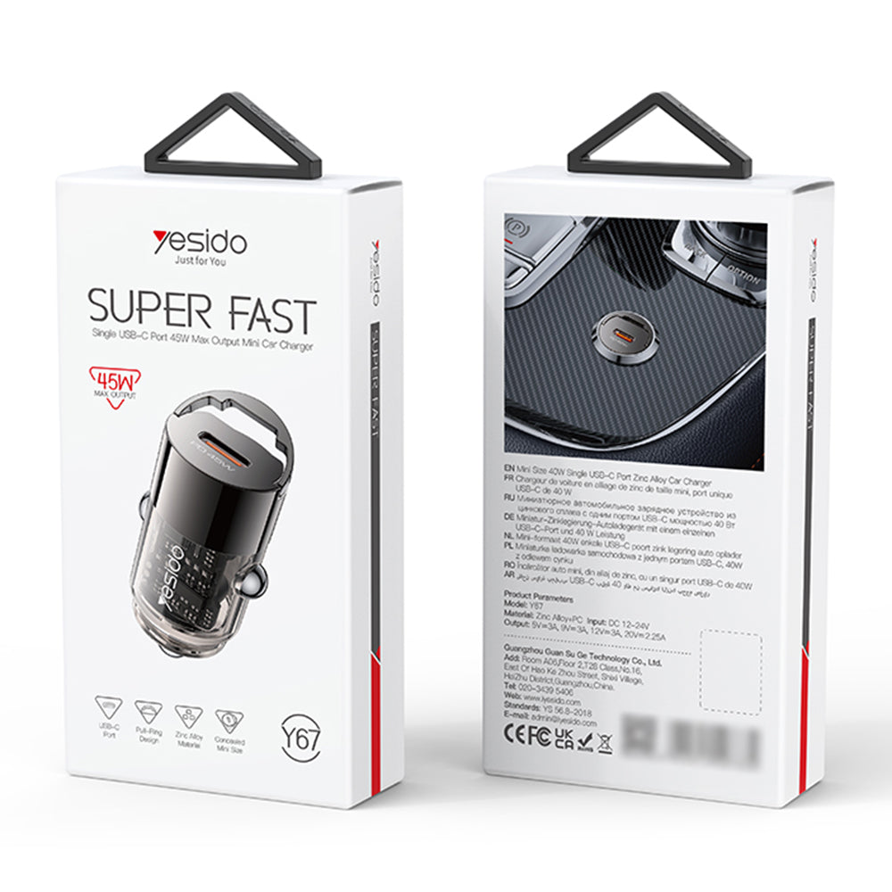 Autolaturi Yesido Y67, 45W, 3A, 1 x USB-C, Musta