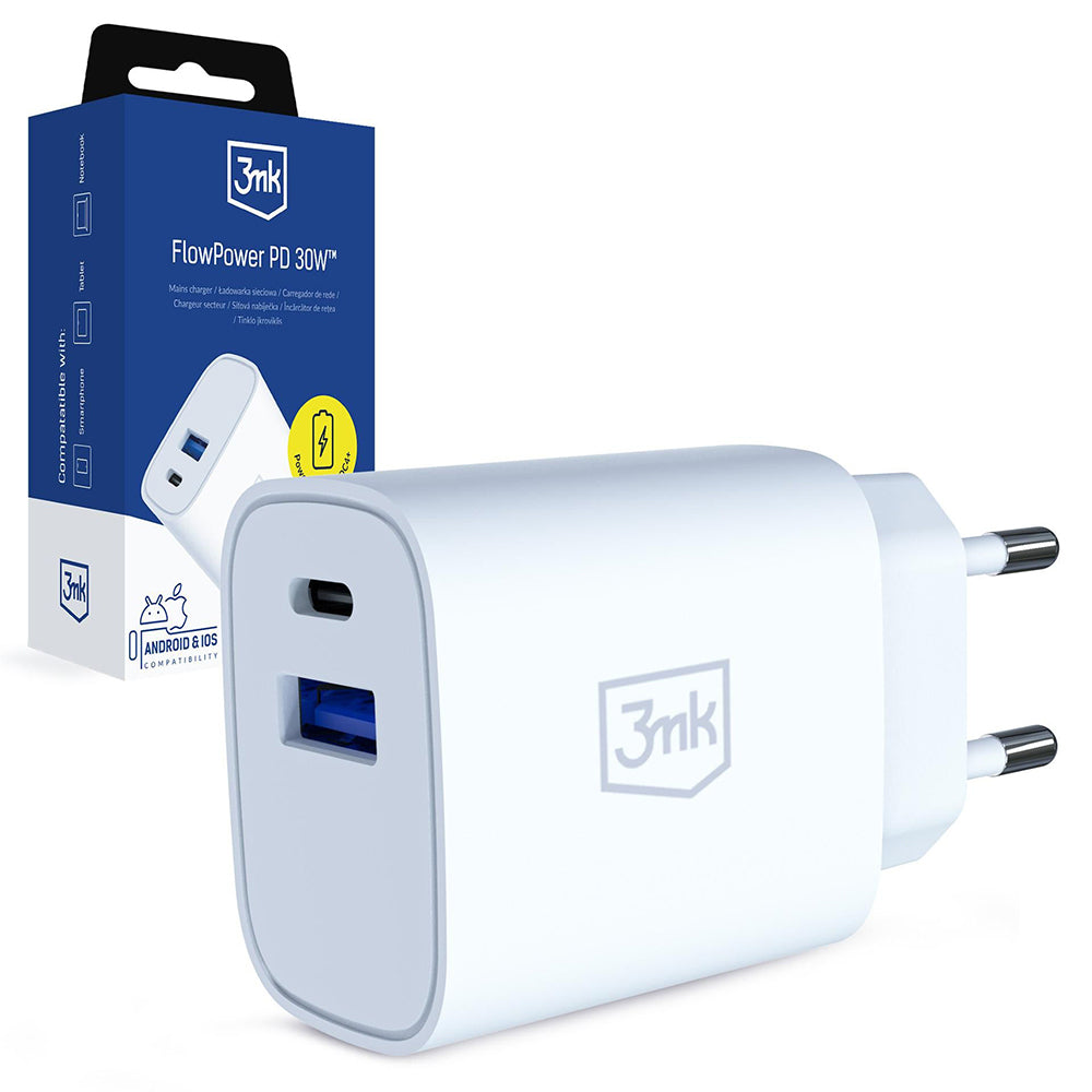 3MK FlowPower verkkolaturi, 30W, 1 x USB-A - 1 x USB-C, valkoinen