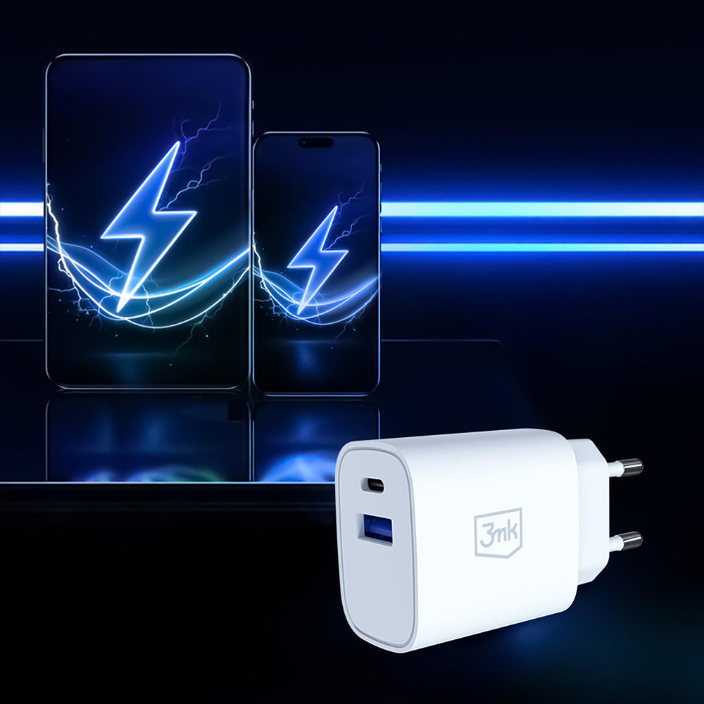 3MK FlowPower verkkolaturi, 30W, 1 x USB-A - 1 x USB-C, valkoinen