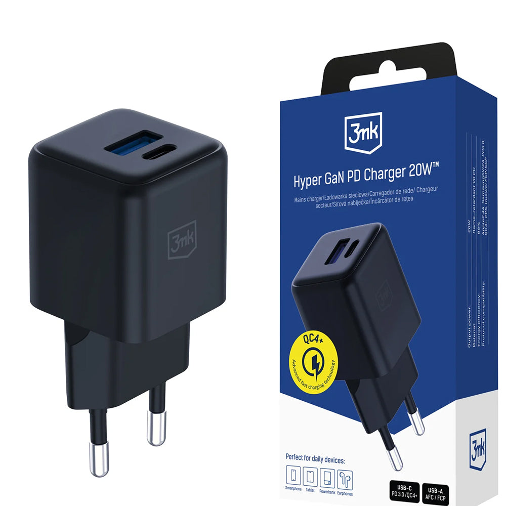 Verkkolaturi 3MK Hyper, 20W, 3A, 1 x USB-A - 1 x USB-C, Musta