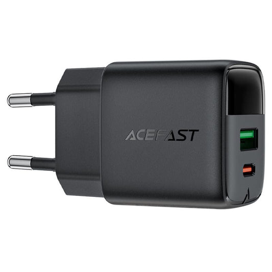 Acefast A114 Display -verkkolaturi, 25W, 3A, 1 x USB-A - 1 x USB-C, Musta