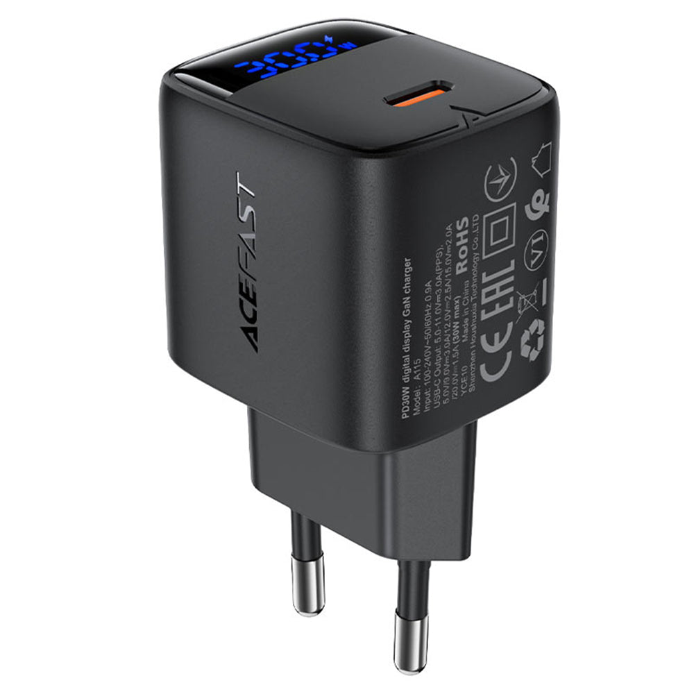 Acefast A115 Display -verkkolaturi, 30W, 3A, 1 x USB-C, Musta