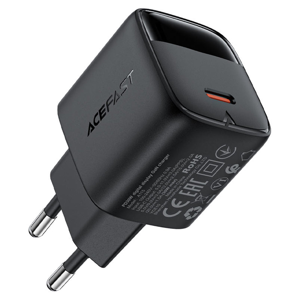 Acefast A115 Display -verkkolaturi, 30W, 3A, 1 x USB-C, Musta