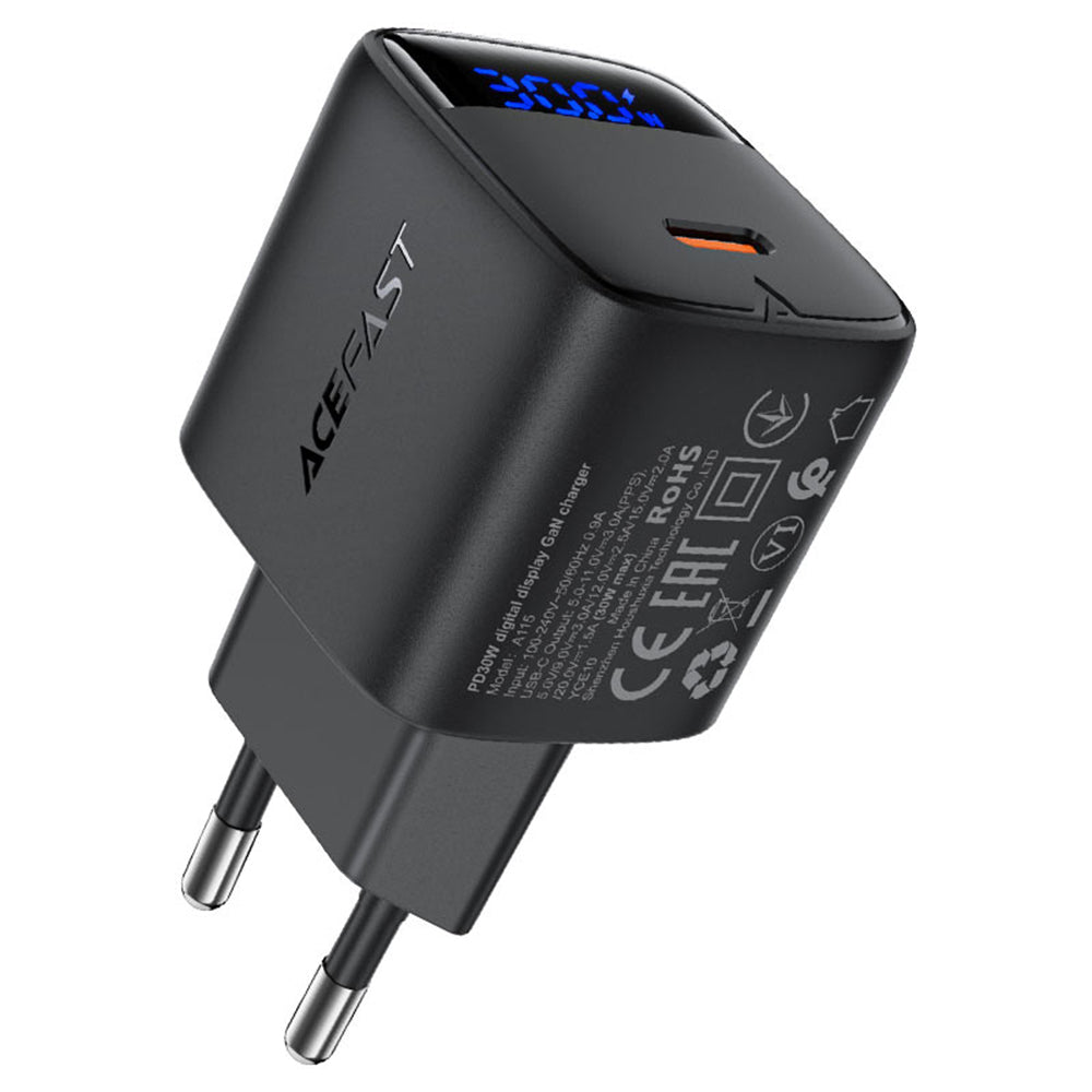 Acefast A115 Display -verkkolaturi, 30W, 3A, 1 x USB-C, Musta