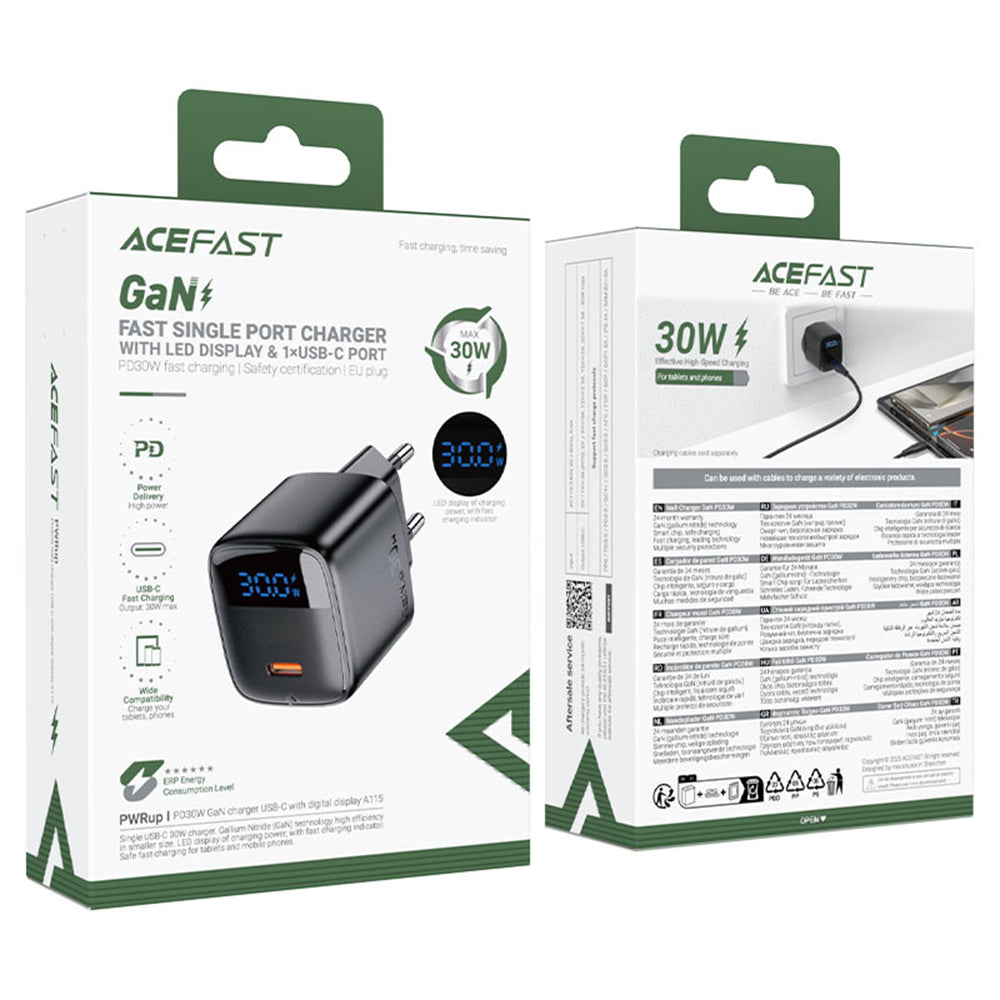 Acefast A115 Display -verkkolaturi, 30W, 3A, 1 x USB-C, Musta