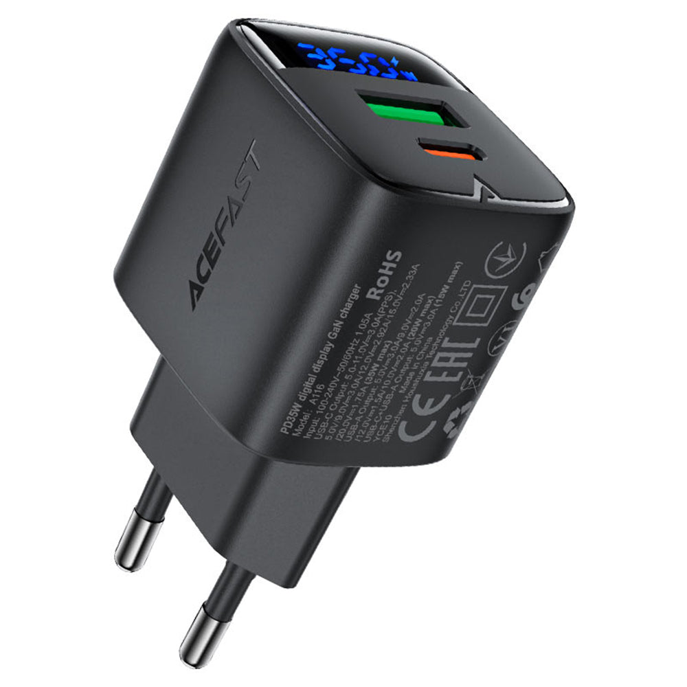 Acefast A116 Display -verkkolaturi, 35W, 3A, 1 x USB-A - 1 x USB-C, Musta