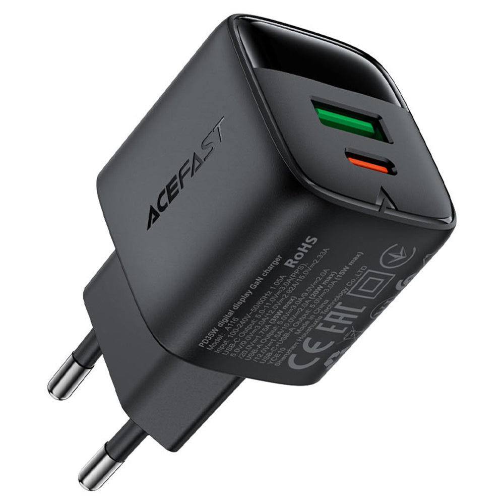 Acefast A116 Display -verkkolaturi, 35W, 3A, 1 x USB-A - 1 x USB-C, Musta
