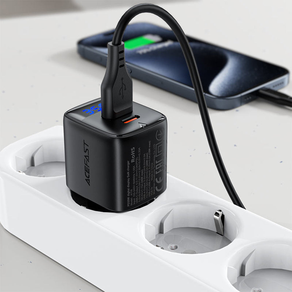 Acefast A116 Display -verkkolaturi, 35W, 3A, 1 x USB-A - 1 x USB-C, Musta
