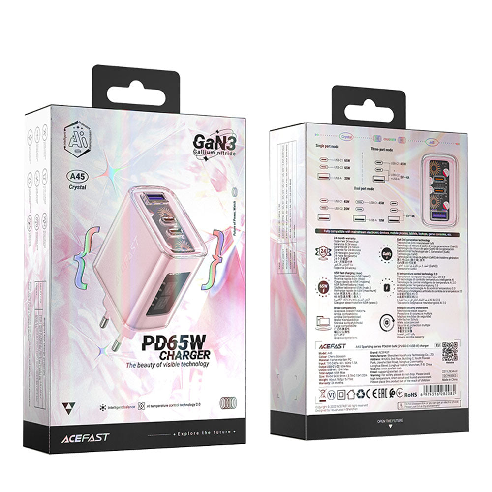 Acefast A45 Exploration -verkkolaturi, 65W, 3.25A, 1 x USB-A - 2 x USB-C, Pinkki