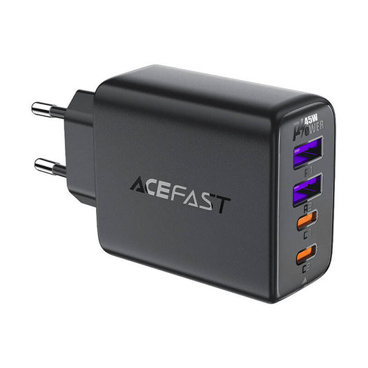 Verkkolaturi Acefast A61, 45W, 3A, 2 x USB-A - 2 x USB-C, musta