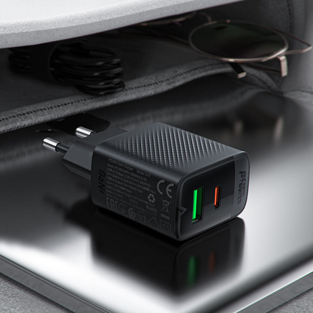 Acefast A78 -verkkolaturi, 20W, 3A, 1 x USB-A - 1 x USB-C, Musta