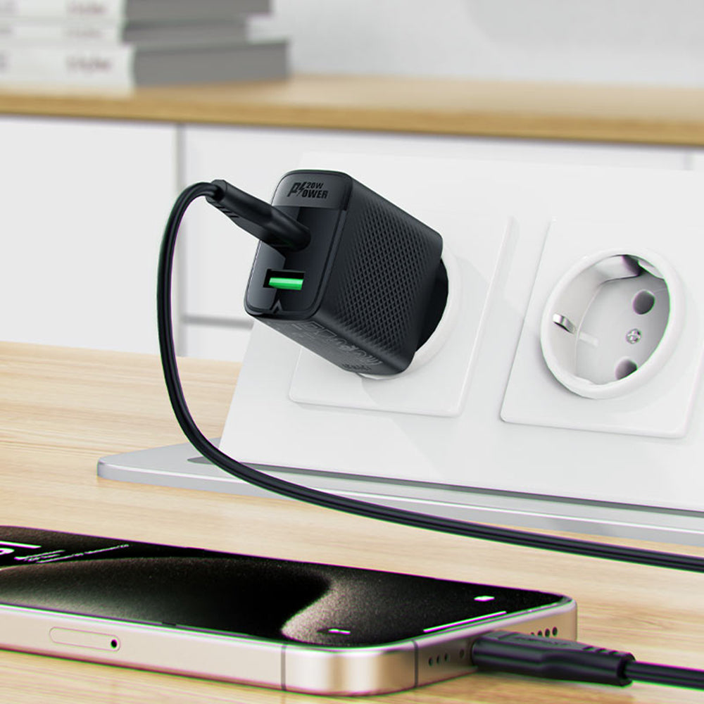Acefast A78 -verkkolaturi, 20W, 3A, 1 x USB-A - 1 x USB-C, Musta