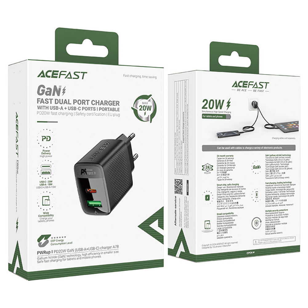 Acefast A78 -verkkolaturi, 20W, 3A, 1 x USB-A - 1 x USB-C, Musta