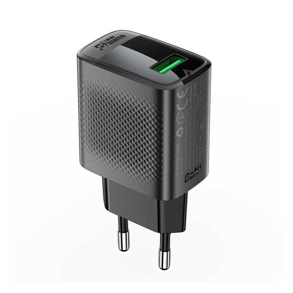Acefast A90 Verkkolaturi, 18W, 3A, 1 x USB-A, Musta