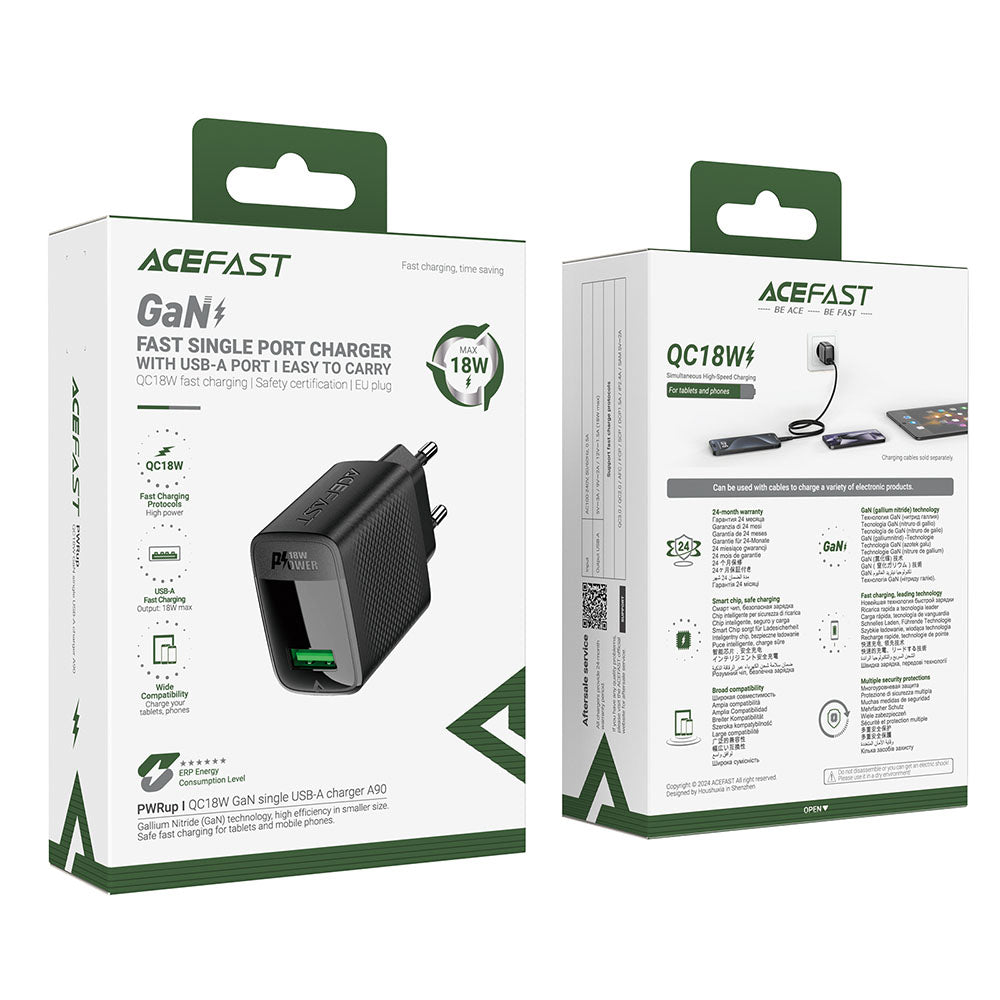 Acefast A90 Verkkolaturi, 18W, 3A, 1 x USB-A, Musta