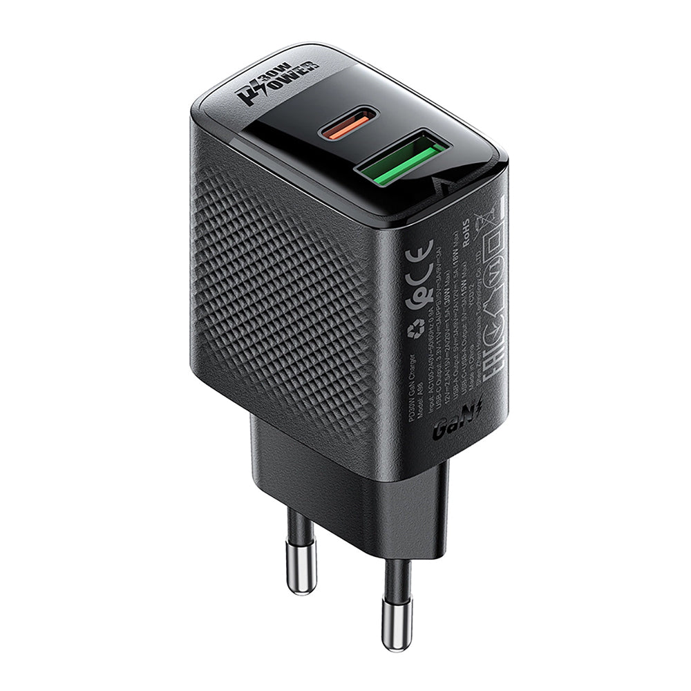 Acefast A98 Verkkolaturi, 30W, 3A, 1 x USB-A - 1 x USB-C, Musta