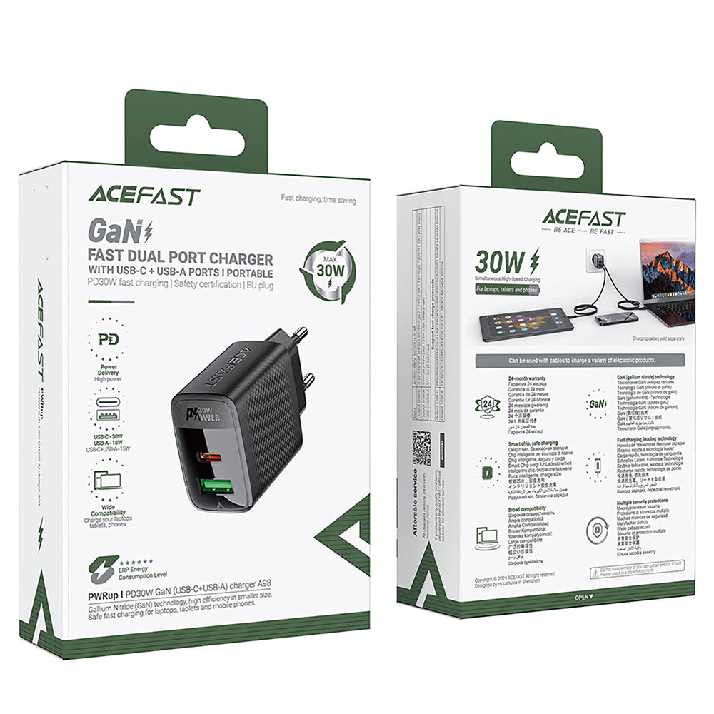 Acefast A98 Verkkolaturi, 30W, 3A, 1 x USB-A - 1 x USB-C, Musta
