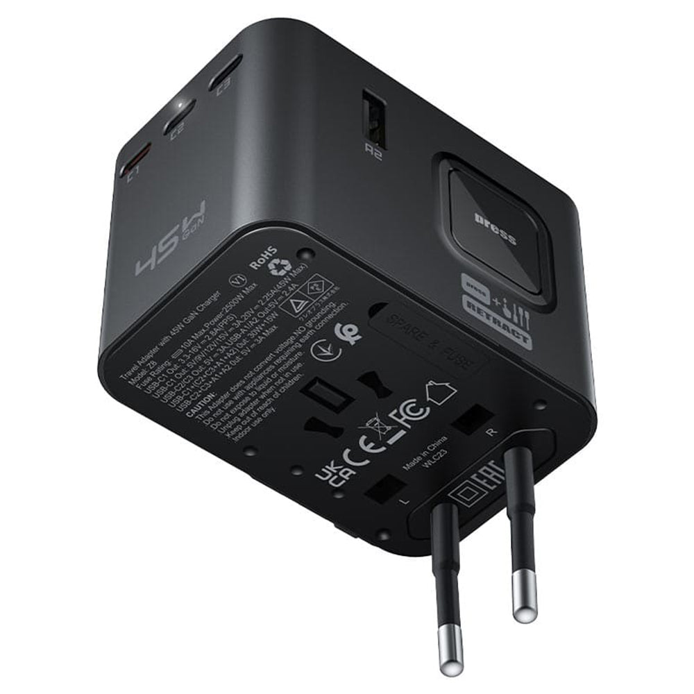 Acefast Z8 Travel -verkkolaturi, 45W, 3A, 2 x USB-A - 3 x USB-C, Musta