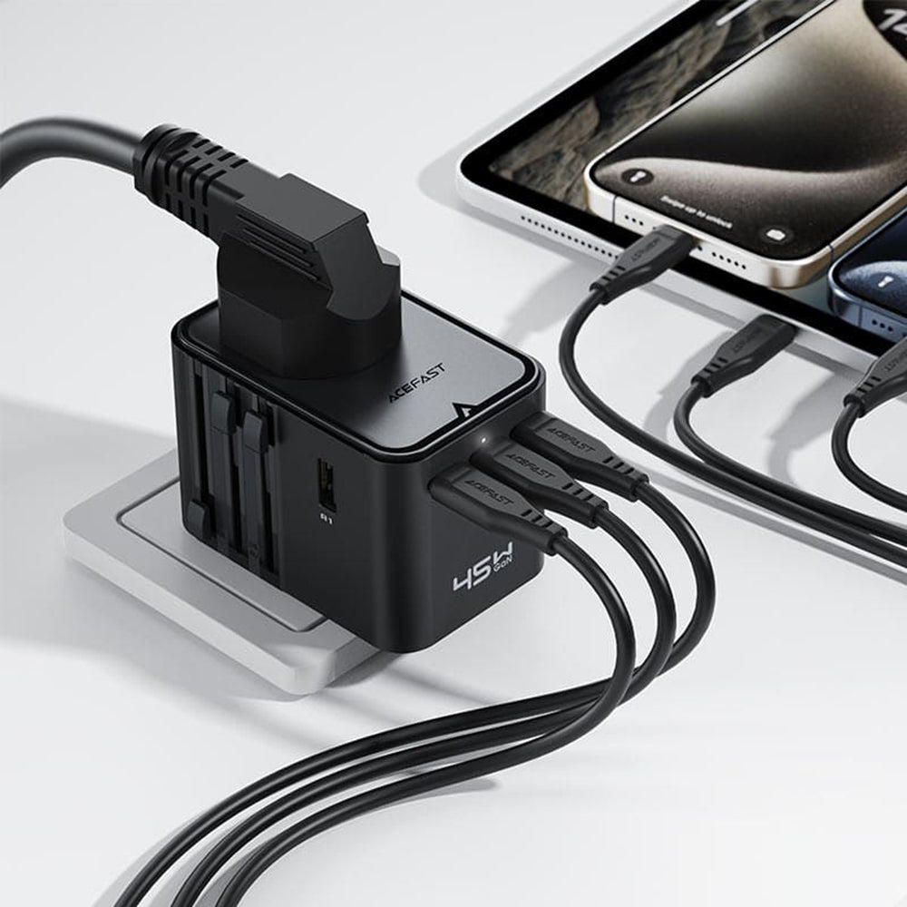 Acefast Z8 Travel -verkkolaturi, 45W, 3A, 2 x USB-A - 3 x USB-C, Musta